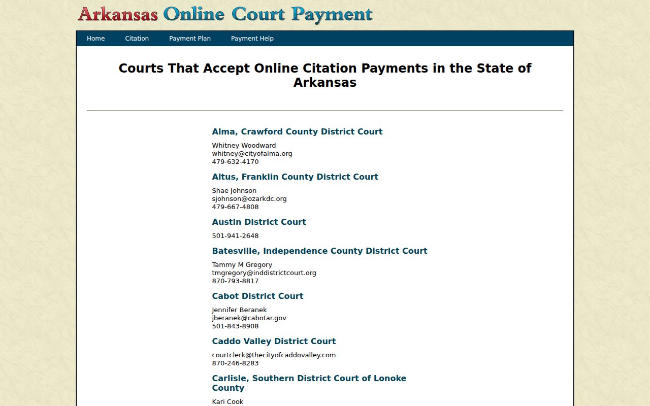 Franklin County traffic court departments in the Arkansas payment contact list