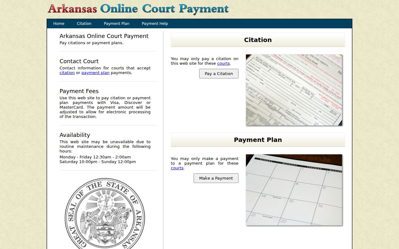 Arkansas online payment interface for an eligible Franklin County traffic court citation
